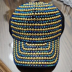 Gold and Blue Beaded Cap